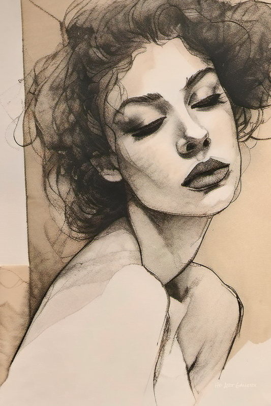 Artistic depiction of a woman's face with detailed hair and features on a beige background