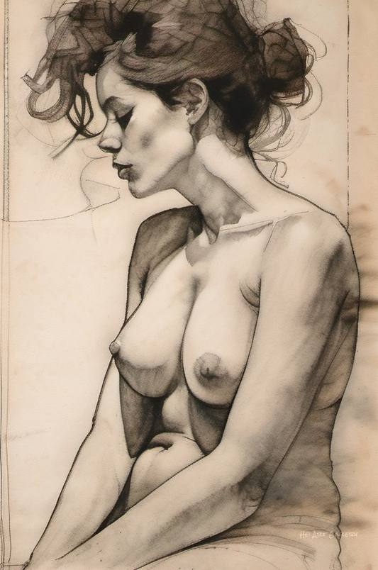 Artistic depiction of a nude figure with flowing hair on a plain background