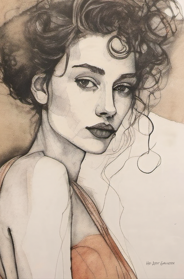 Artistic drawing of a woman with intricate hair details and a soft background