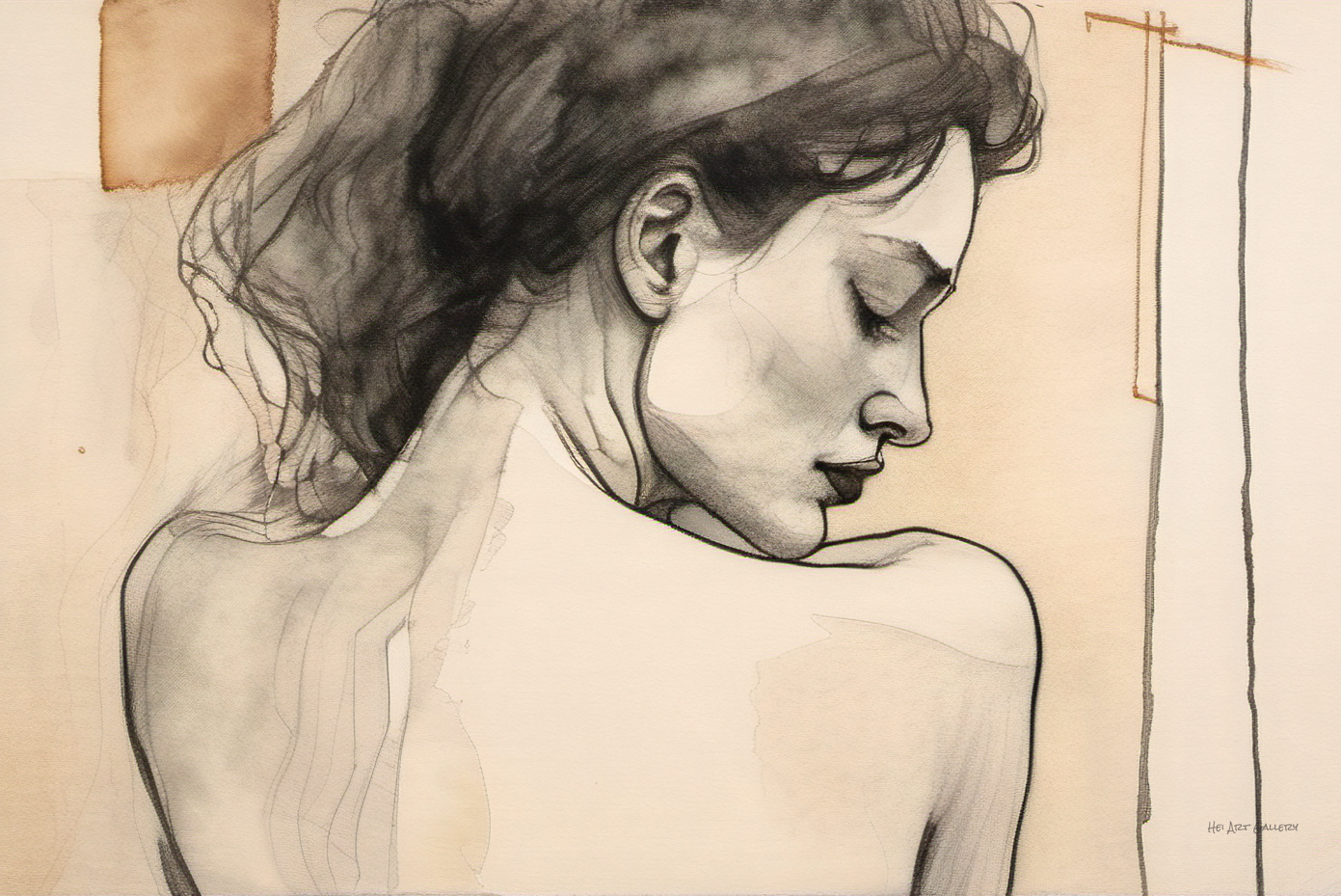 Artistic drawing of a woman's profile on beige paper