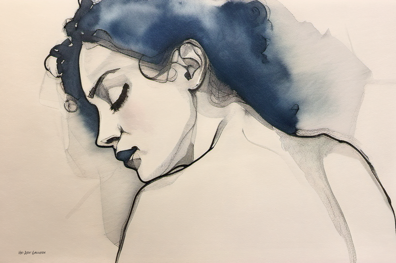 Artistic depiction of a woman's face with blue and black ink on a light background