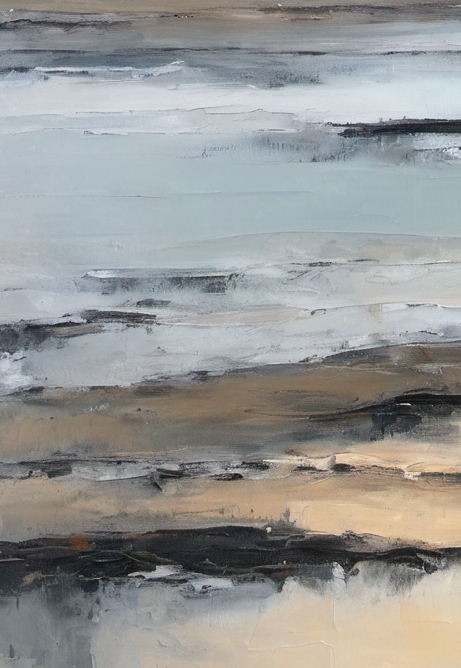 Abstract art with horizontal brush strokes in gray, black, and beige.