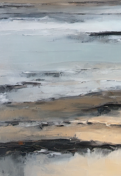 Abstract art with horizontal brush strokes in gray, black, and beige.