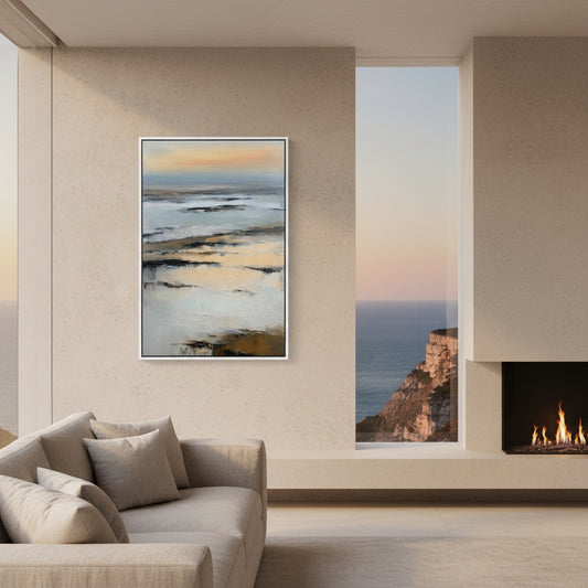 Modern living room with a painting of a coastal scene, sofa, and fireplace.