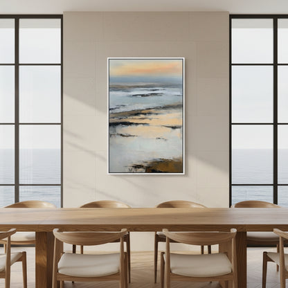 Abstract painting on a wall above a wooden dining table with chairs.
