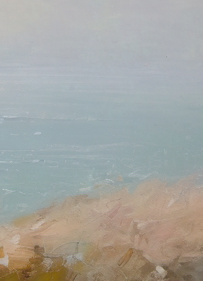 Abstract artwork with a gradient of blue and beige tones.