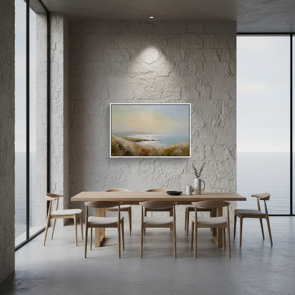 Modern dining room with wooden table and chairs, featuring a scenic painting on the wall.