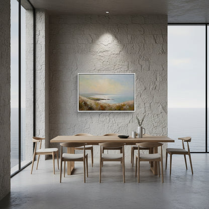 Modern dining room with wooden table and chairs, featuring a scenic painting on the wall.