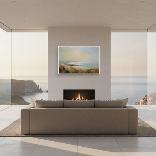 Modern living room with a fireplace, sofa, and scenic wall art.