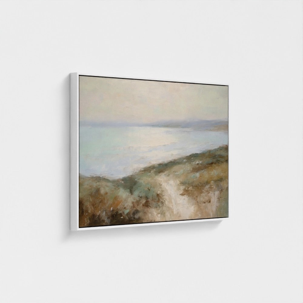 Framed painting of a landscape with a path on a white wall
