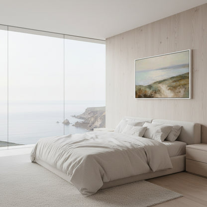 Modern bedroom with a large bed, wall art, and large windows.