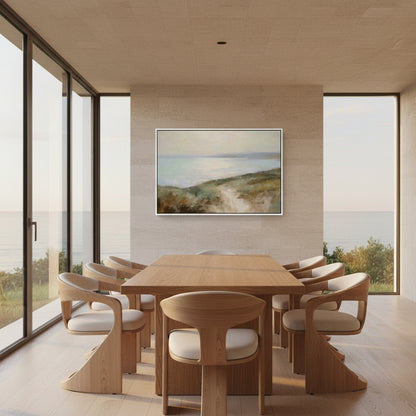Modern dining room with wooden table and chairs, large windows, and a scenic painting on the wall.