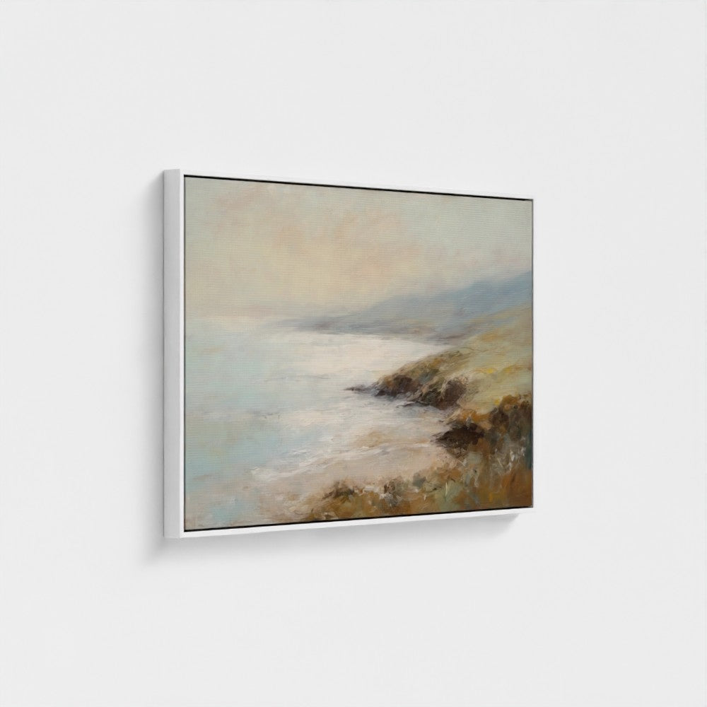 Framed painting of a coastal landscape with water and land.