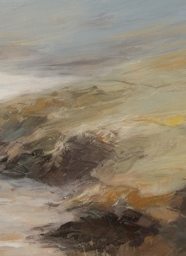 Abstract painting with earthy tones of brown, beige, and gray.