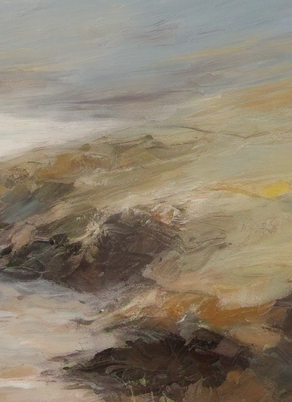 Abstract painting with earthy tones of brown, beige, and gray.