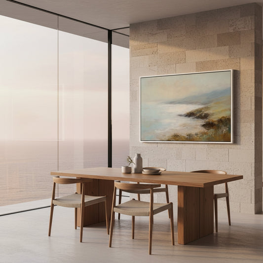 Dining room with wooden table and chairs, and a painting on the wall.