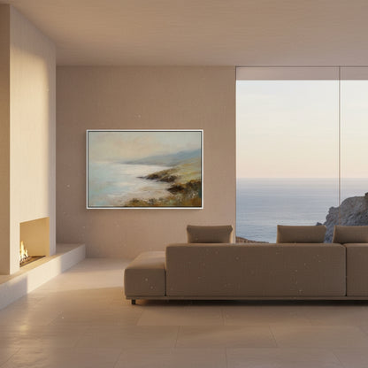 Modern living room with a painting of a coastal scene on a beige wall.