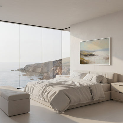 Modern bedroom with a large bed, wall art, and a view of the ocean.
