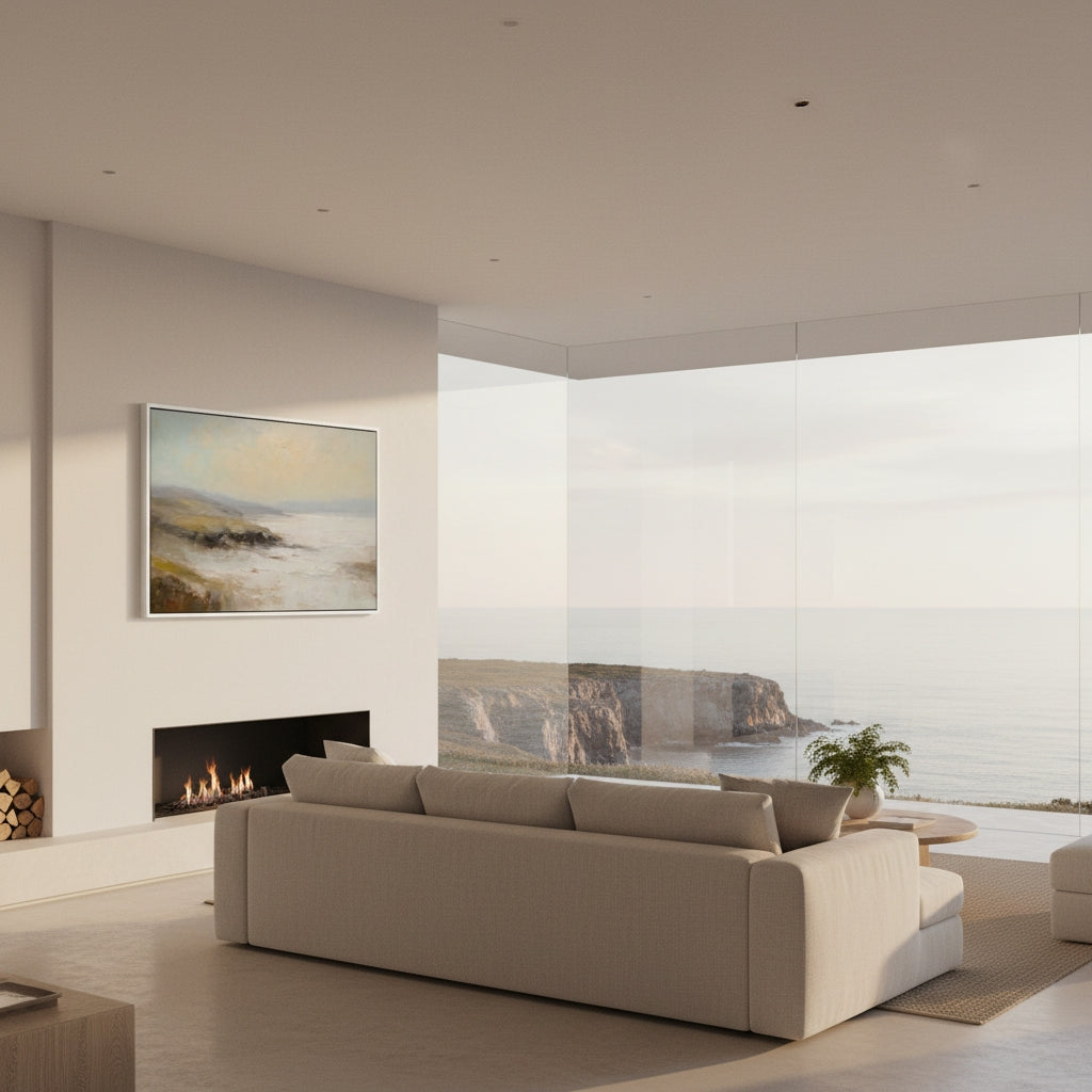 Modern living room with a fireplace, sofa, and scenic wall art.