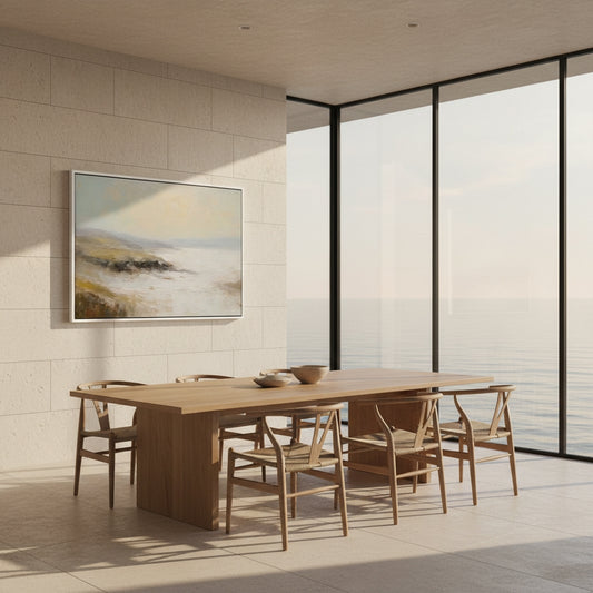 Modern dining room with wooden table and chairs, large windows, and a painting on the wall.