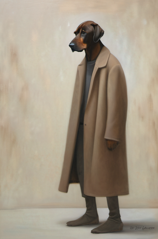 Dog wearing a long beige coat on a plain background