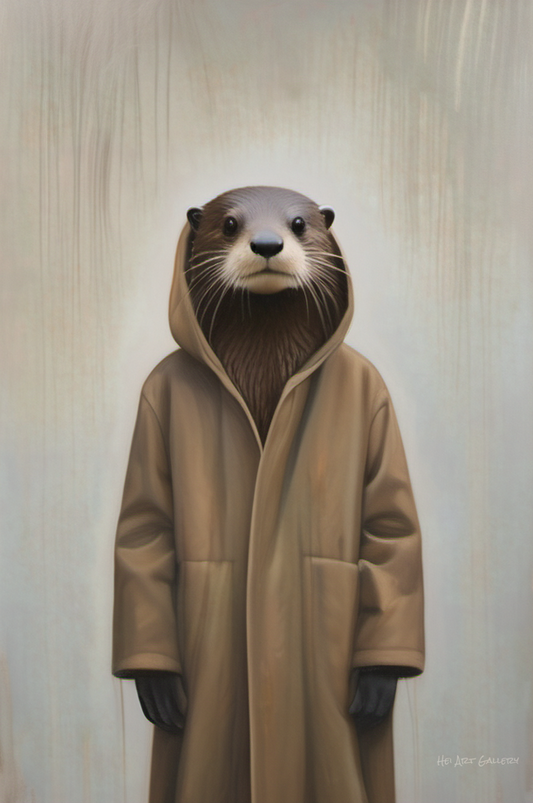 Illustration of an otter wearing a beige coat against a neutral background