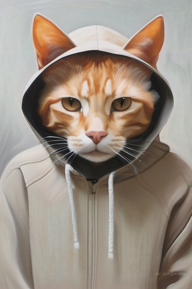 Cat with a hoodie on a gray background