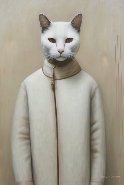 Cat with a human-like body wearing a beige coat against a plain background