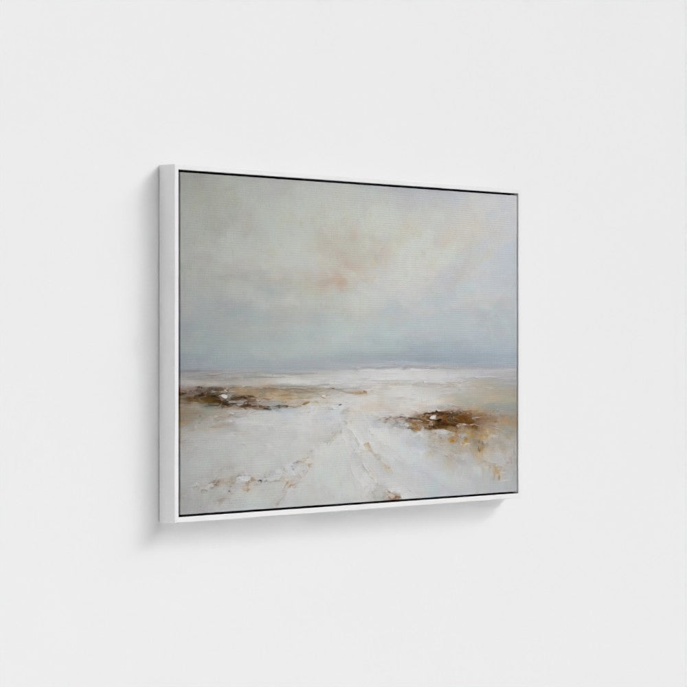 Abstract landscape painting in a modern frame on a white wall