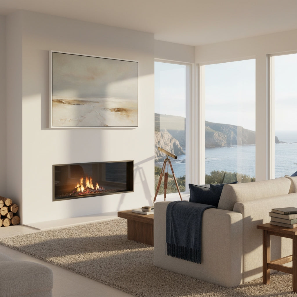 Modern living room with a fireplace, sofa, and large windows overlooking water.