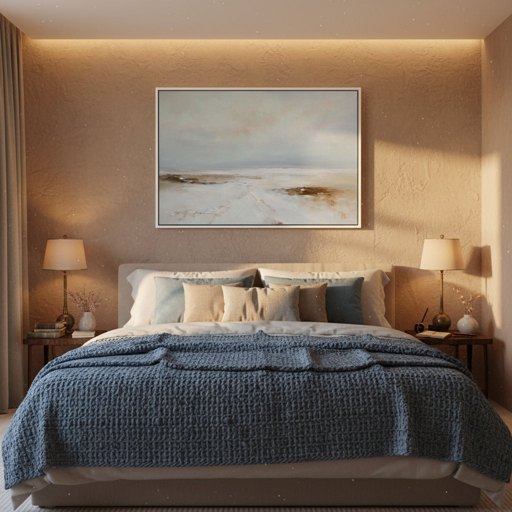 Cozy bedroom with a bed, lamps, and wall art