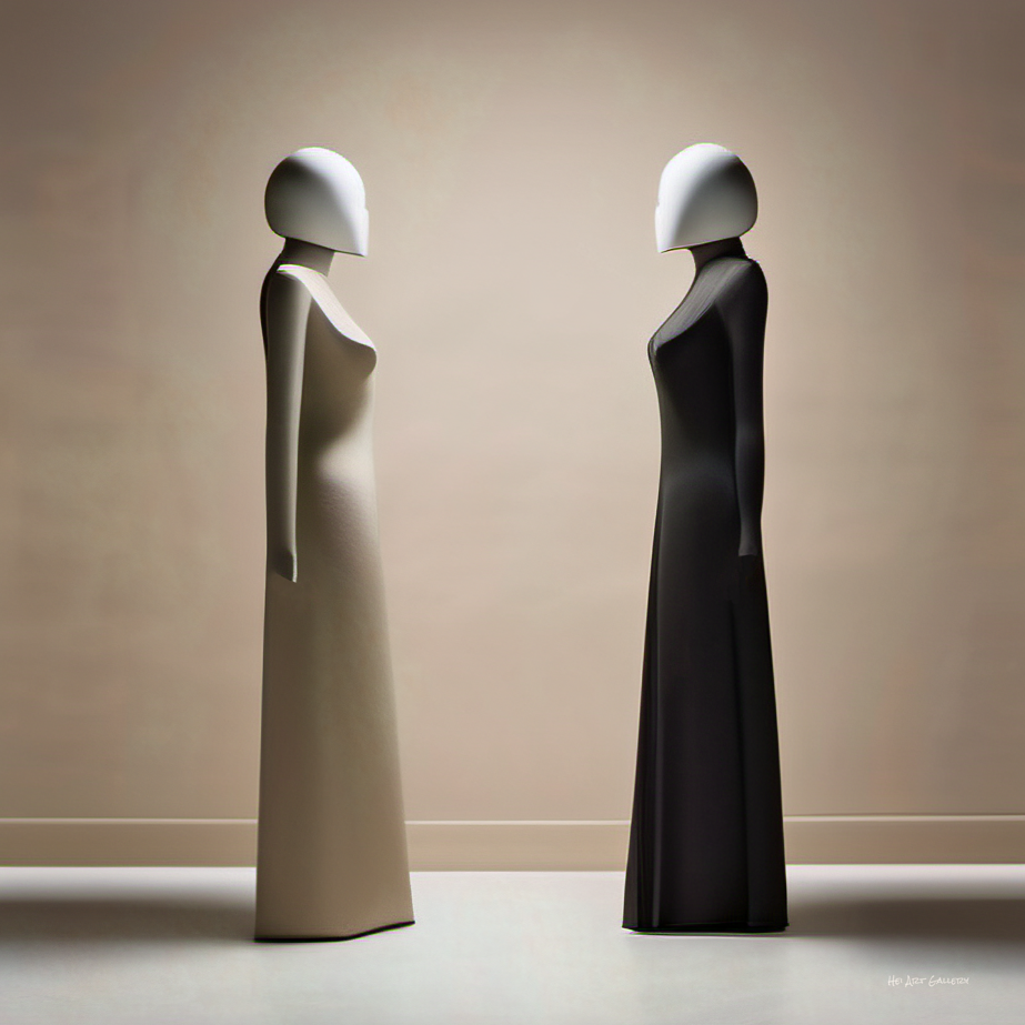 Two abstract figures, one beige and one black, standing against a plain background.