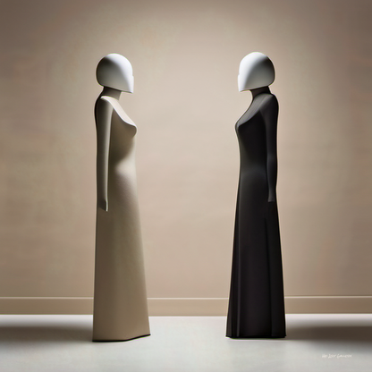 Two abstract figures, one beige and one black, standing against a plain background.