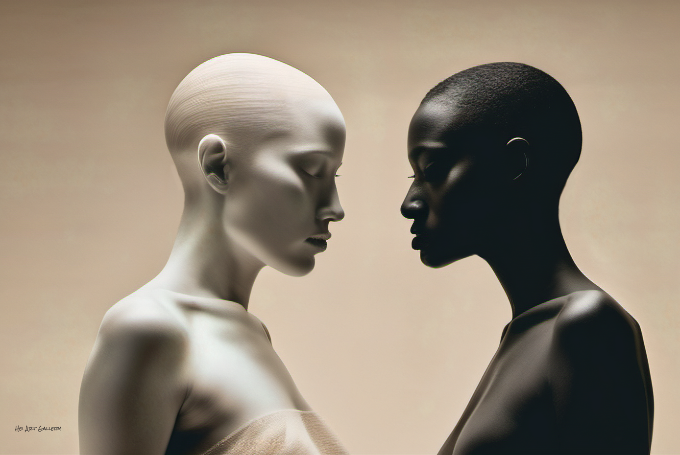Two mannequins, one white and one black, facing each other against a beige background.