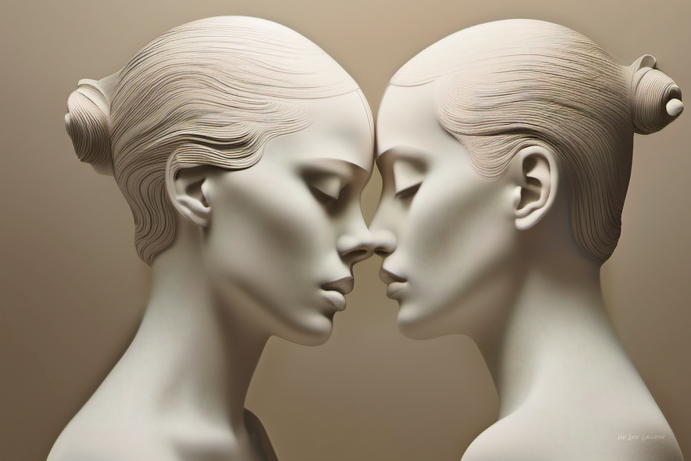 Two stone sculptures of women facing each other against a beige background