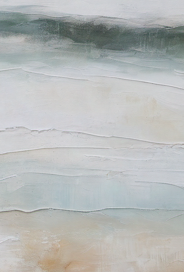 Abstract art with wavy patterns in green, blue, and beige tones.