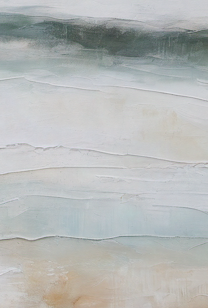 Abstract art with wavy patterns in green, blue, and beige tones.