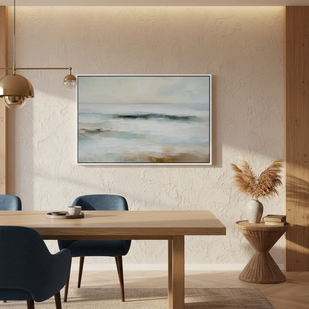 Modern interior with a wooden table, blue chairs, and a framed abstract painting on a wall.