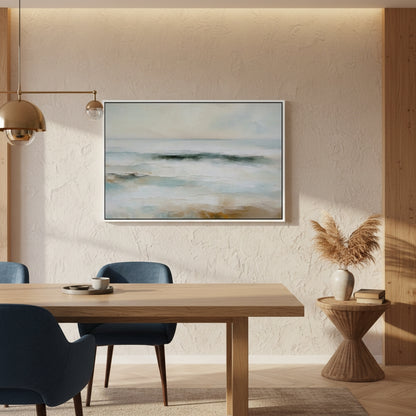 Modern interior with a wooden table, blue chairs, and a framed abstract painting on a wall.