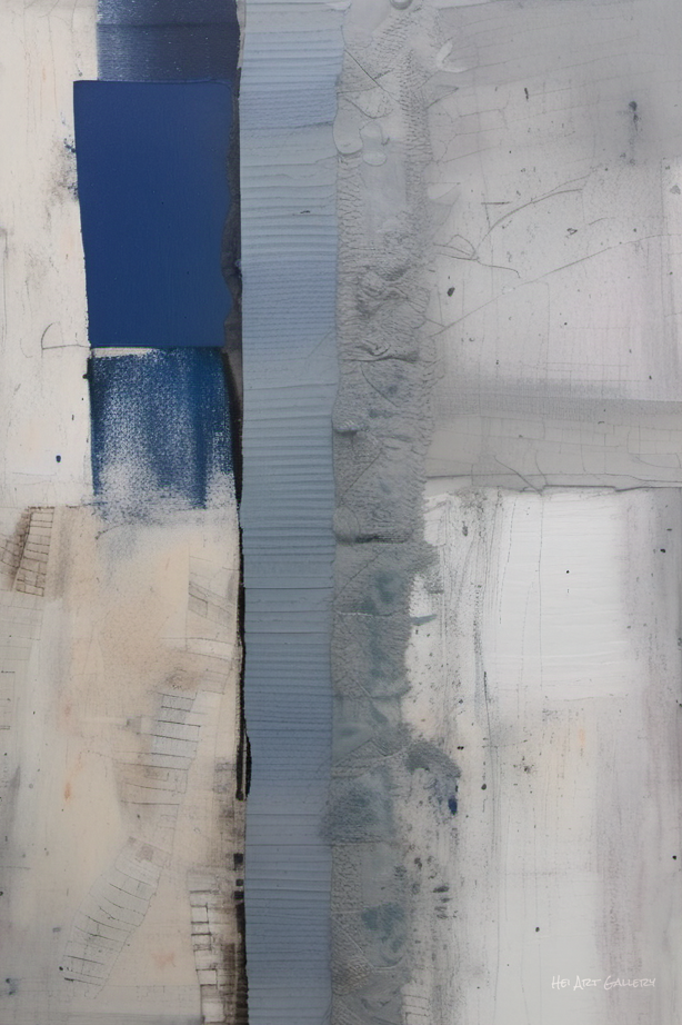 Abstract art piece with blue, gray, and beige colors on a textured surface