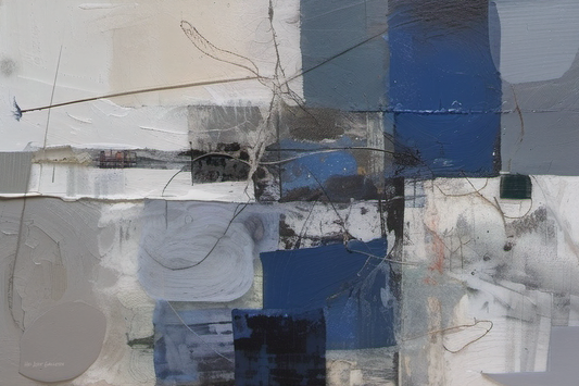 Abstract art piece with blue, gray, and white colors