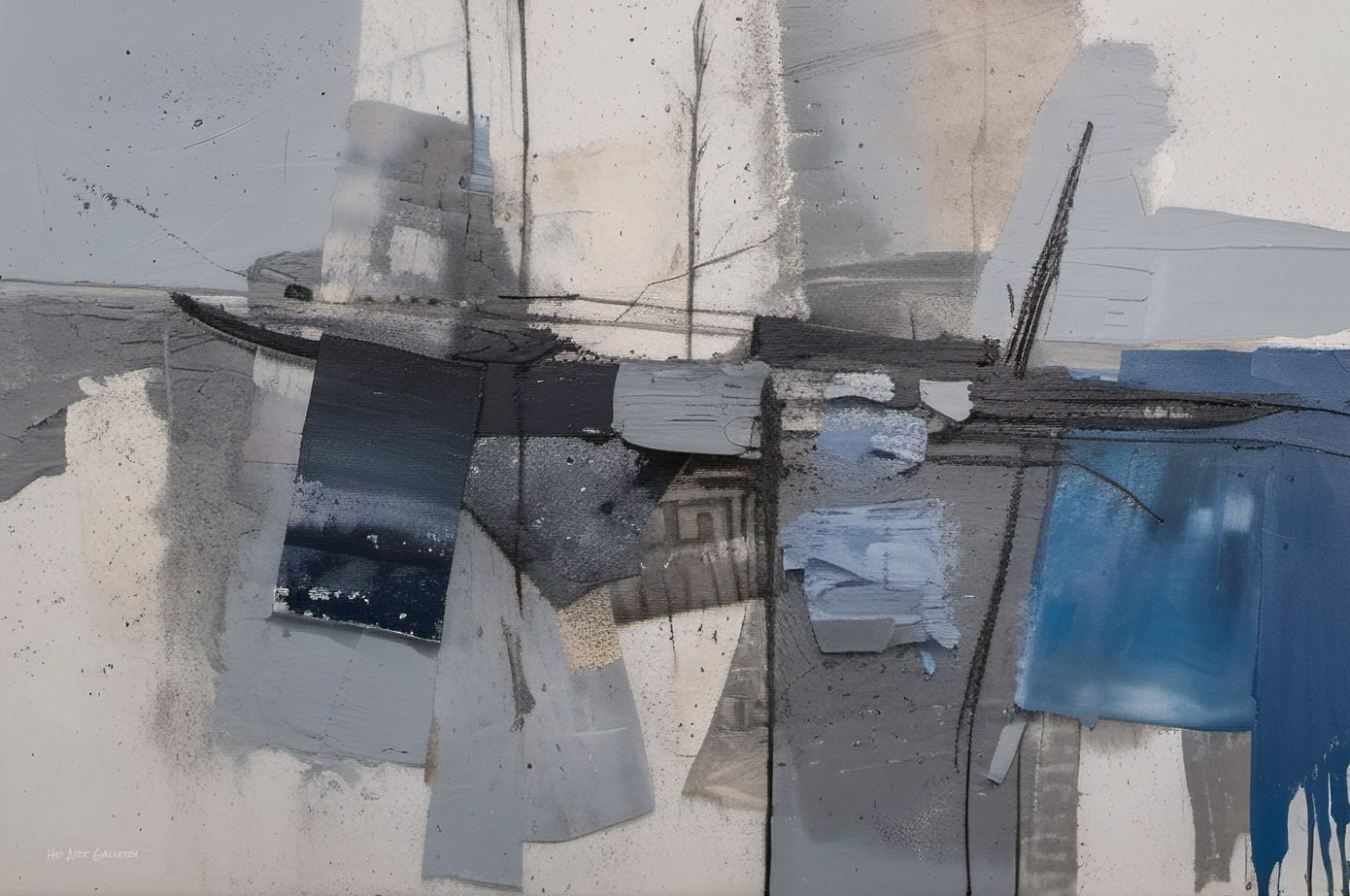 Abstract art piece with geometric shapes and textures on a neutral background