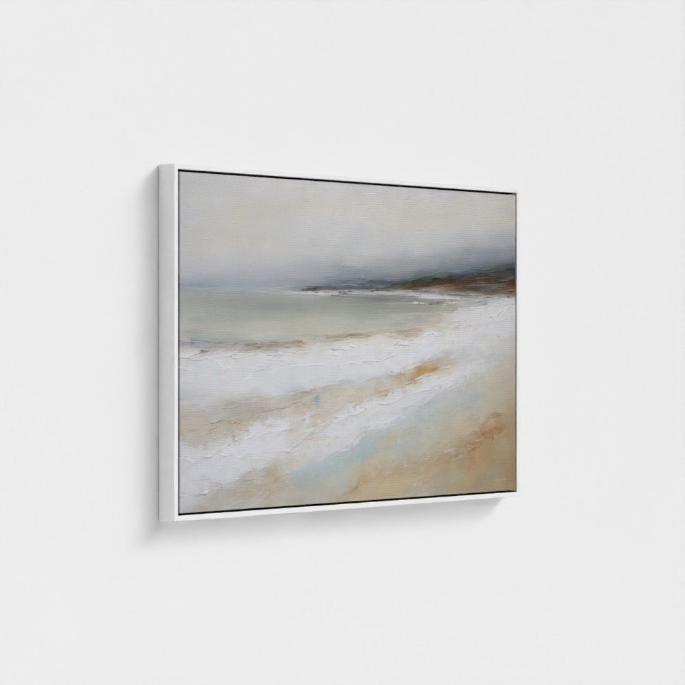 Framed artwork of a landscape with a neutral color palette on a white wall.