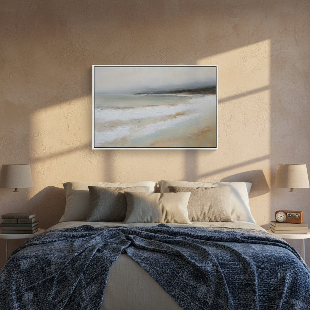 Bedroom with a bed, blue blanket, and abstract painting on the wall.