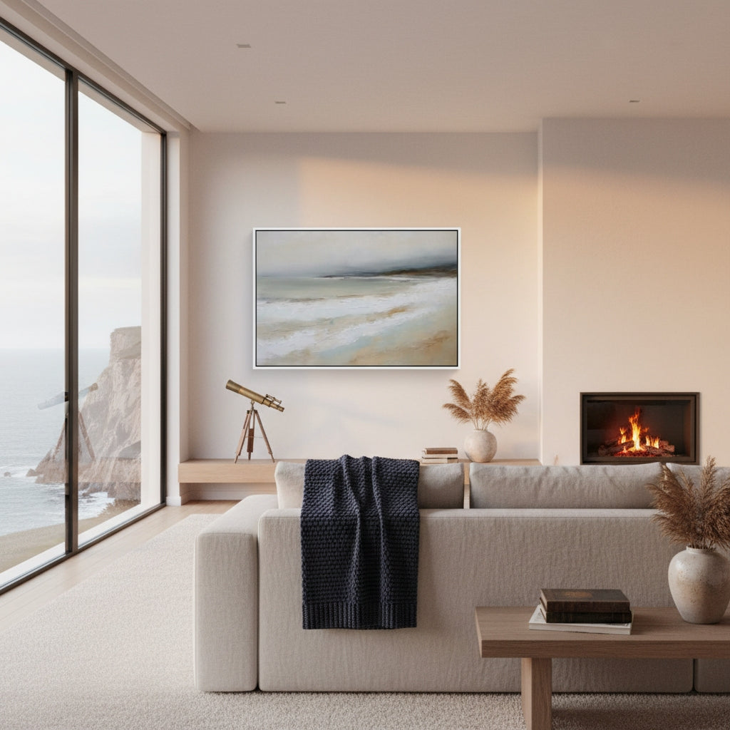 Modern living room with a large window, sofa, coffee table, and decorative items.