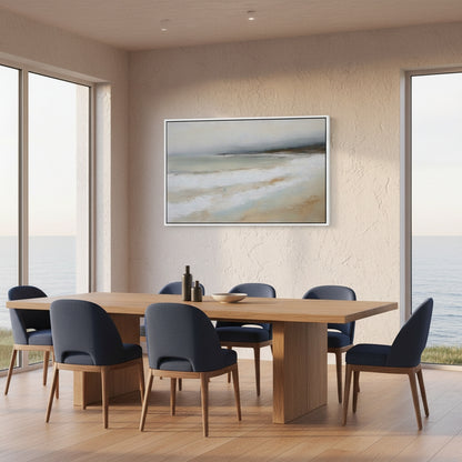 Modern dining room with wooden table and blue chairs, featuring a large abstract painting on the wall.