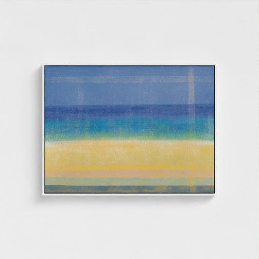 Abstract painting with horizontal stripes of blue, green, and yellow on a white background