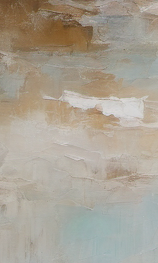 Abstract art with beige, brown, and blue brush strokes on a textured surface