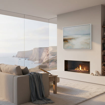 Modern living room with a fireplace, sofa, and wall art depicting a beach scene.