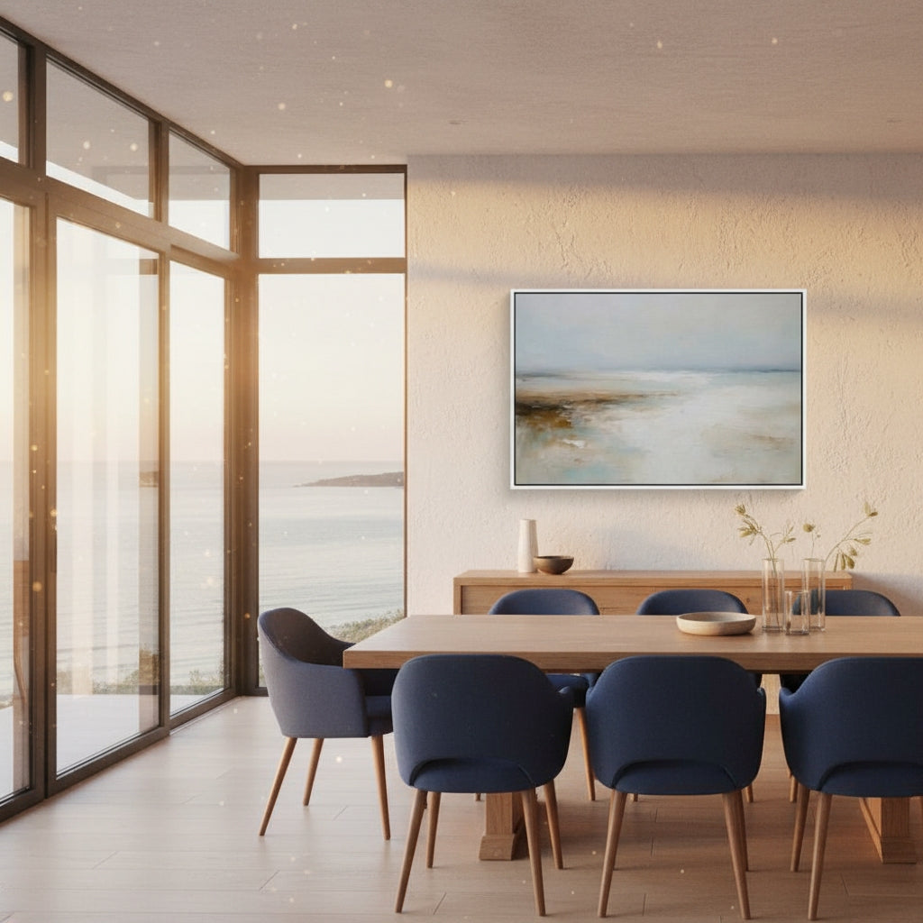 Modern dining room with wooden table and blue chairs, large windows, and abstract painting on the wall.
